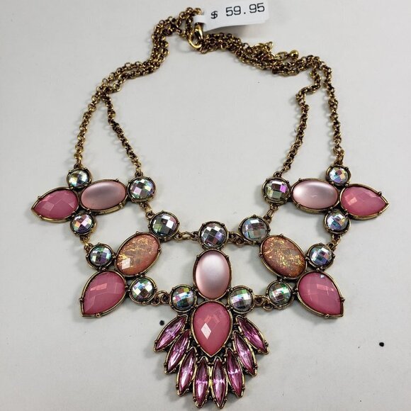 Women's Stunning Old Gold-tone & Pink Colorful Crystal Stones Statement Necklace - Picture 6 of 10